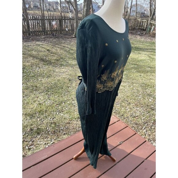 Vintage Another Thyme Green Maxi Dress W/ Gold Embroidery Modest L - Picture 3 of 9
